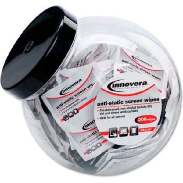 Innovera Anti-Static Screen Cleaning Wipes, 200 Sachets, Fishbowl Black Top 51517